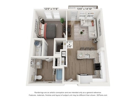 Floor plan for 1 bed, 1 bath, 676 sqft